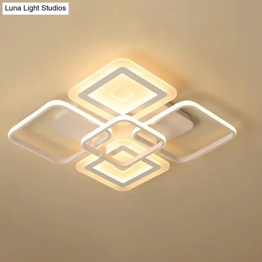 Minimalistic White Square Semi Flush Mount Ceiling Fixture With 5 Acrylic Heads - Warm/White Light /