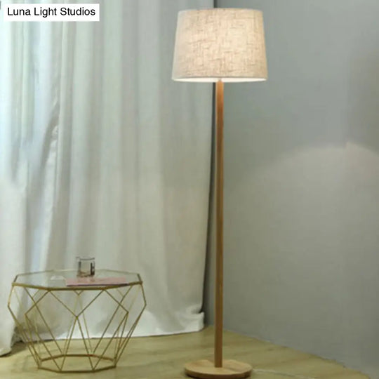 Minimalistic Wood Floor Lamp With Single-Bulb Drum Shade For Bedside