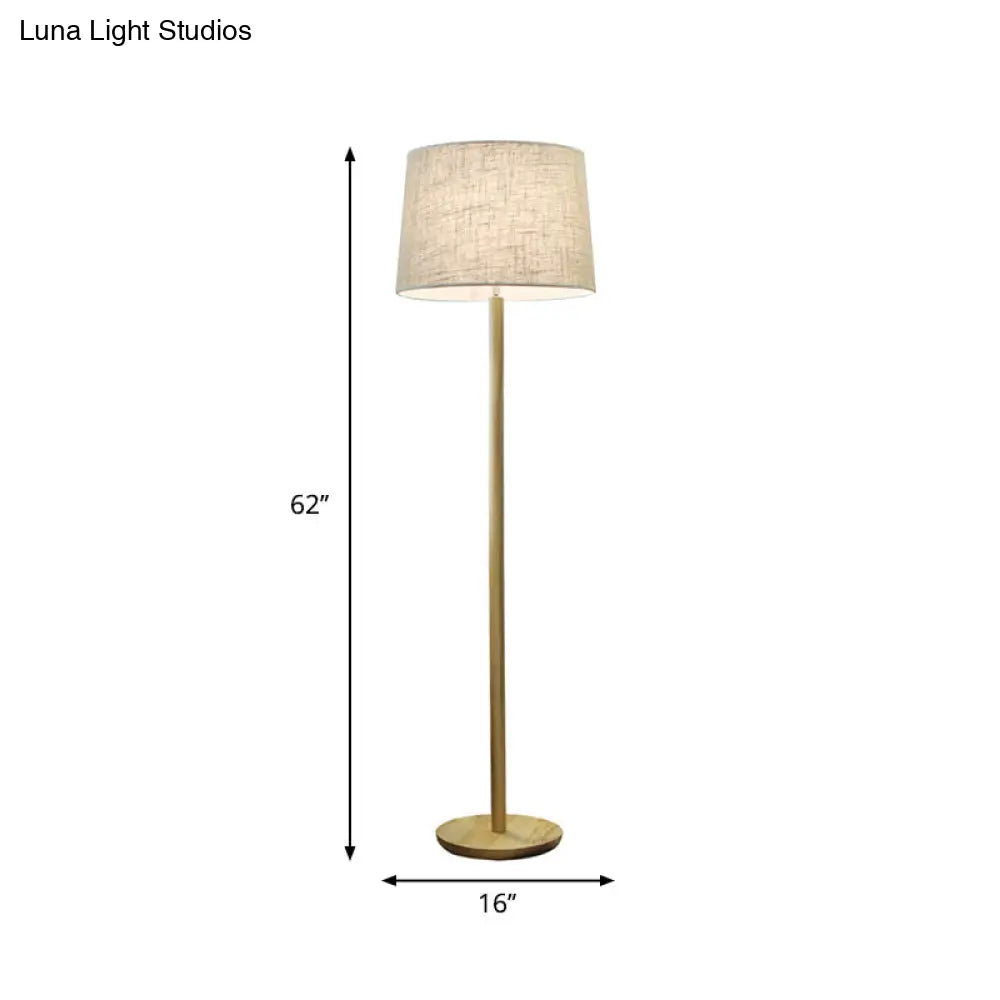 Minimalistic Wood Floor Lamp With Single-Bulb Drum Shade For Bedside