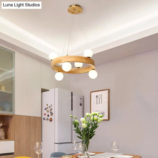 Minimalistic Led Pendant Light: Wooden Circular Chandelier With Opal Glass Shade 6 / Wood