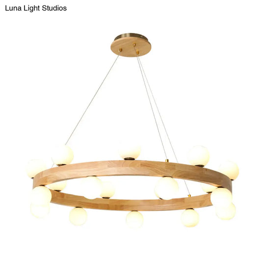 Minimalistic Led Pendant Light: Wooden Circular Chandelier With Opal Glass Shade