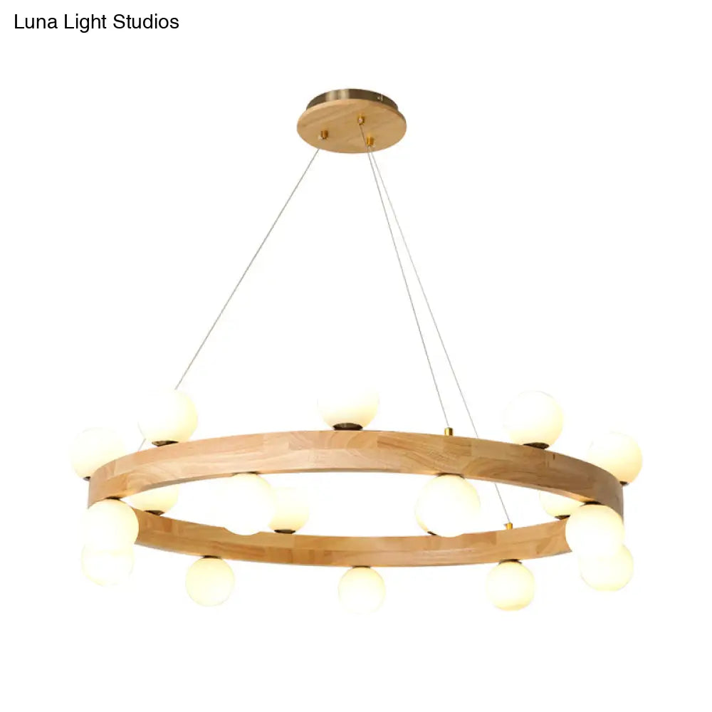 Minimalistic Wooden Led Chandelier With Opal Glass Shade