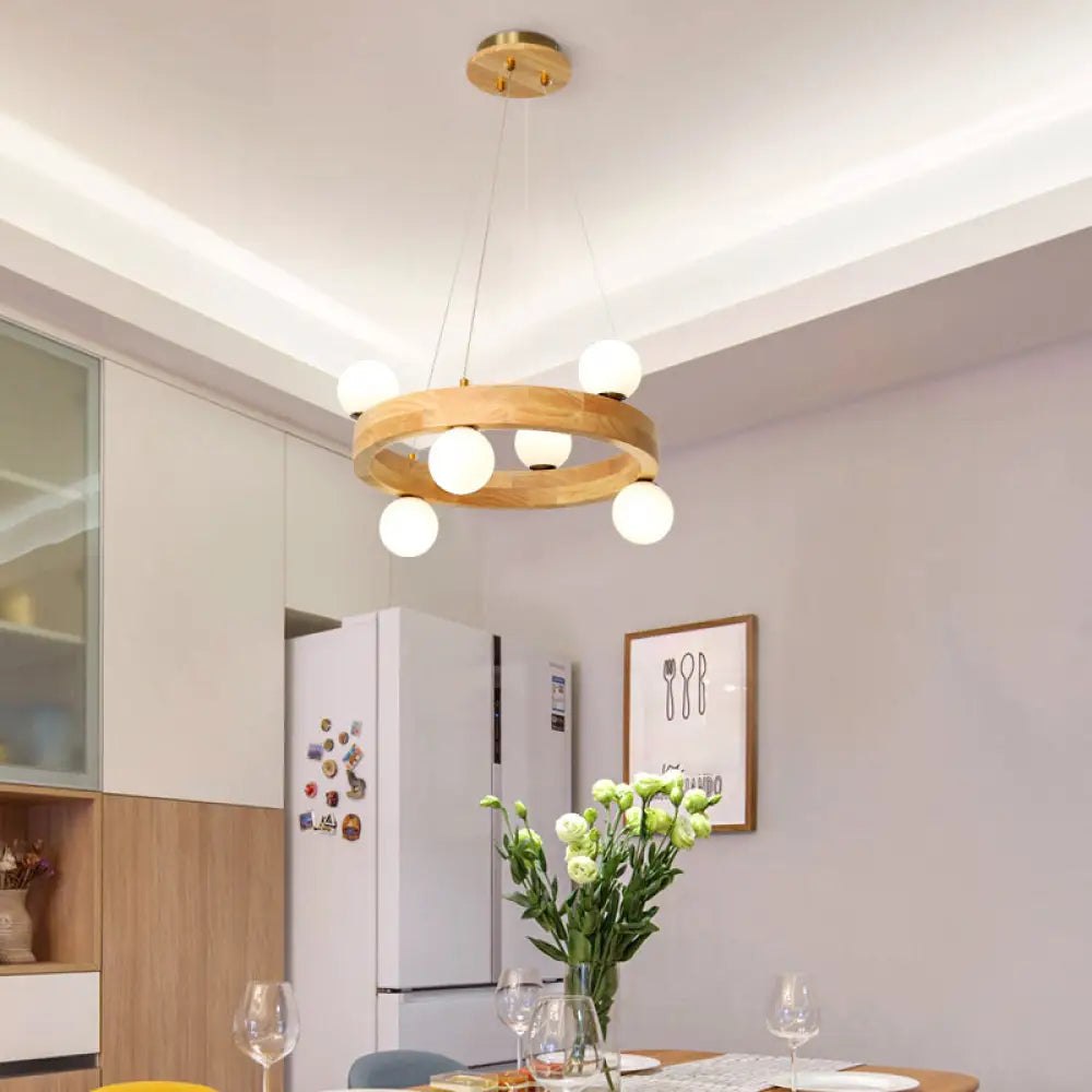 Minimalistic Wooden Led Chandelier With Opal Glass Shade 6 / Wood