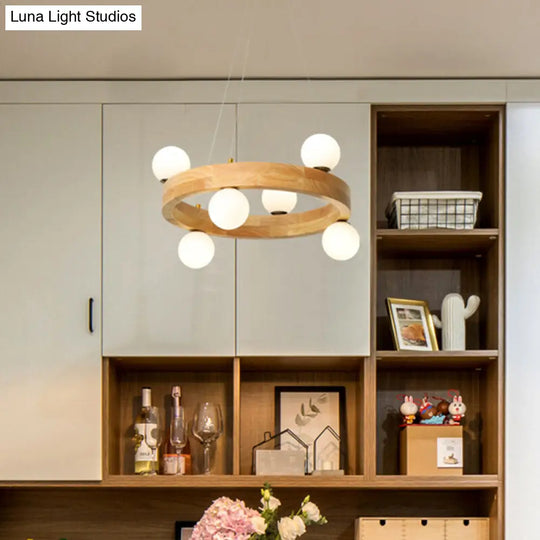 Minimalistic Led Pendant Light: Wooden Circular Chandelier With Opal Glass Shade