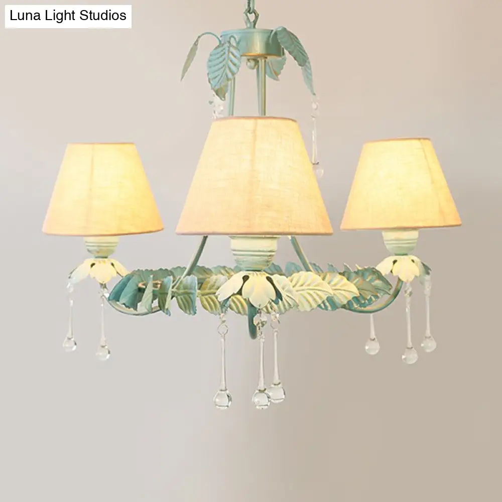 Mint Green & White Cone Fabric Shade Chandelier With Crystal Accents - 3/6 Light For Pastoral