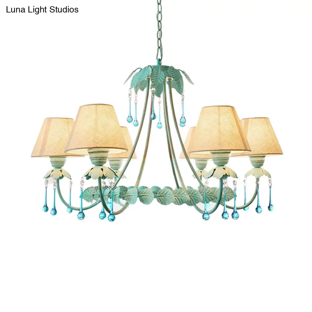 Mint Green & White Cone Fabric Shade Chandelier With Crystal Accents - 3/6 Light For Pastoral