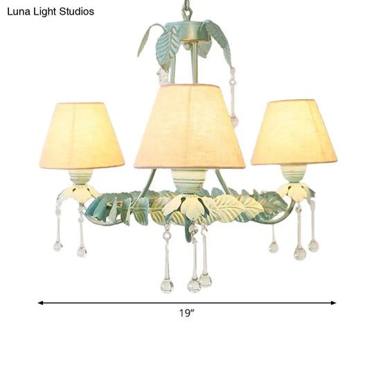 Mint Green & White Cone Fabric Shade Chandelier With Crystal Accents - 3/6 Light For Pastoral