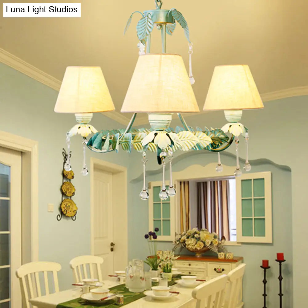 Mint Green & White Cone Fabric Shade Chandelier With Crystal Accents - 3/6 Light For Pastoral