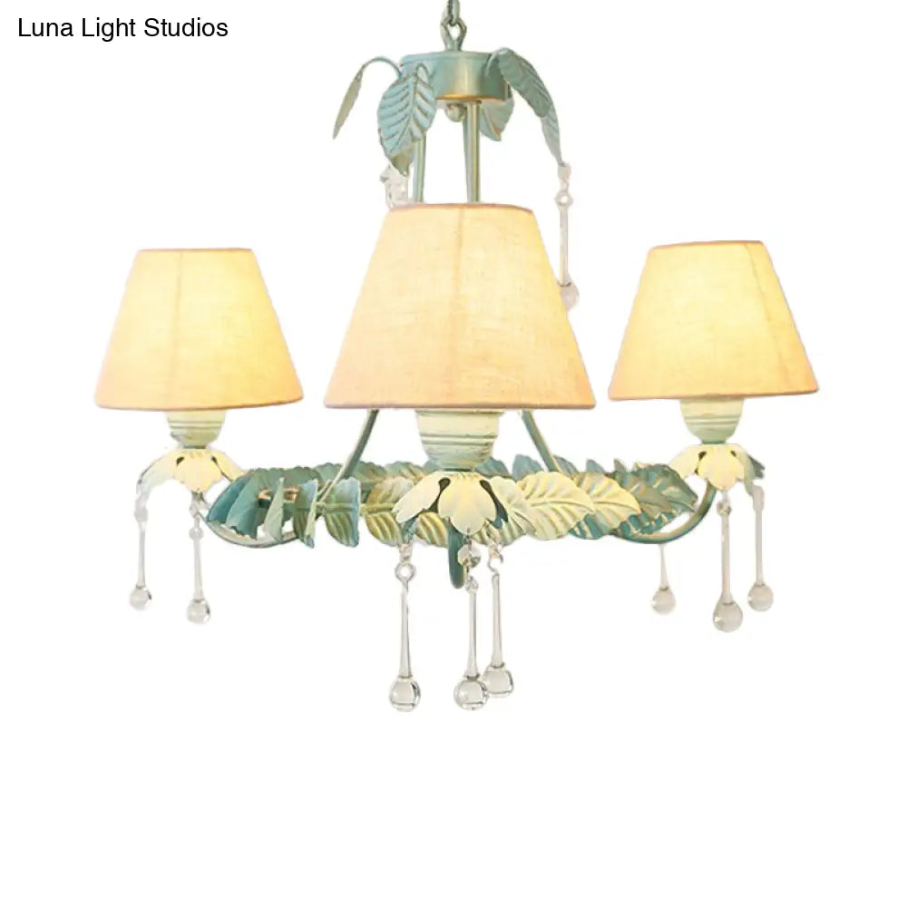 Mint Green & White Cone Fabric Shade Chandelier With Crystal Accents - 3/6 Light For Pastoral