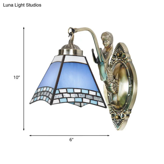 Mission Blue Cut Glass Trapezoid Wall Light With Mermaid Arm - Bronze Mount Fixture