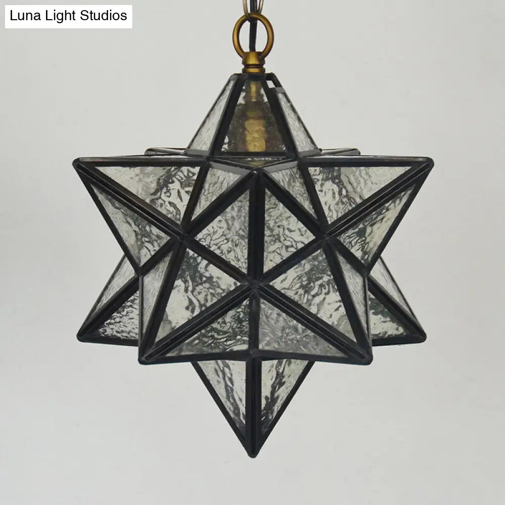 Mission Clear Ripple Glass Star Pendant Light For Dining Room - 1-Light Black Drop Lamp