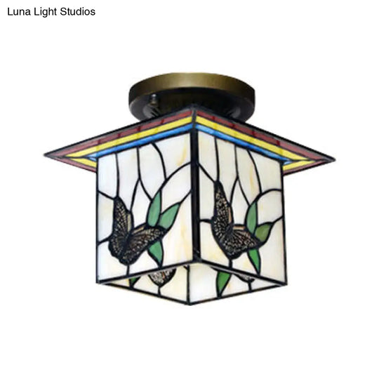 Mission Lodge Stained Glass Flush Mount Light With Butterfly Design - Perfect For Corridors