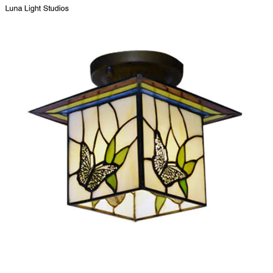 Mission Lodge Stained Glass Flush Mount Light With Butterfly Design - Perfect For Corridors