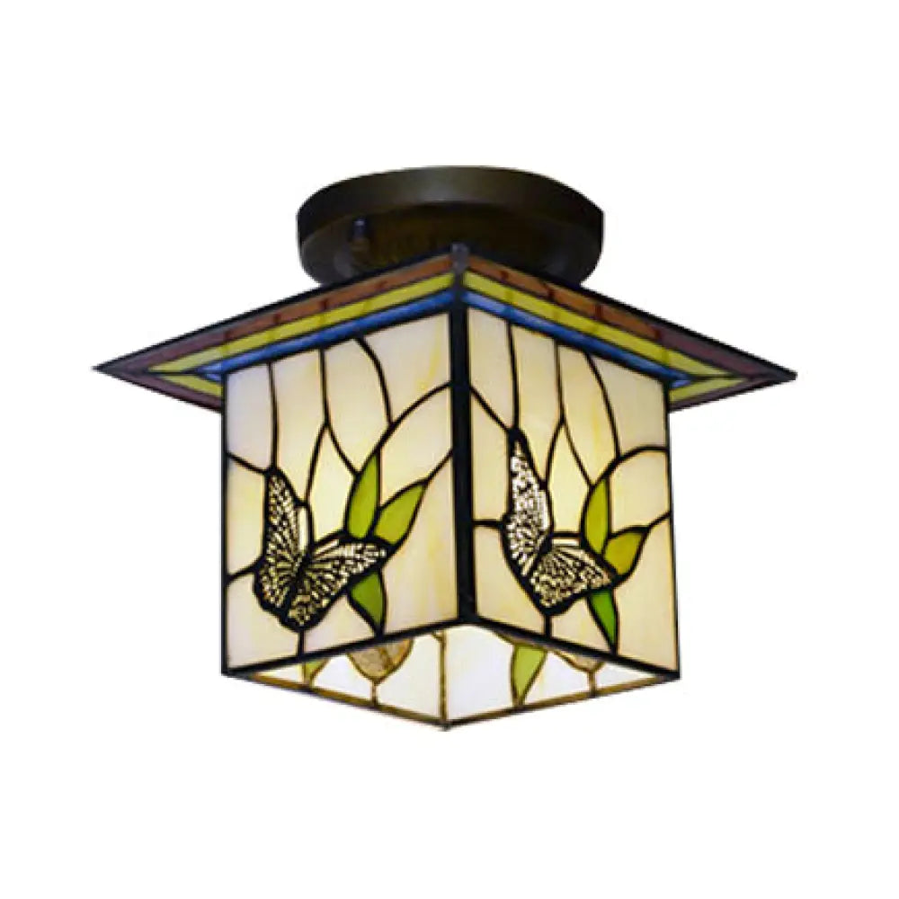 Mission Lodge Stained Glass Butterfly Flush Mount Light For Corridor White-Green
