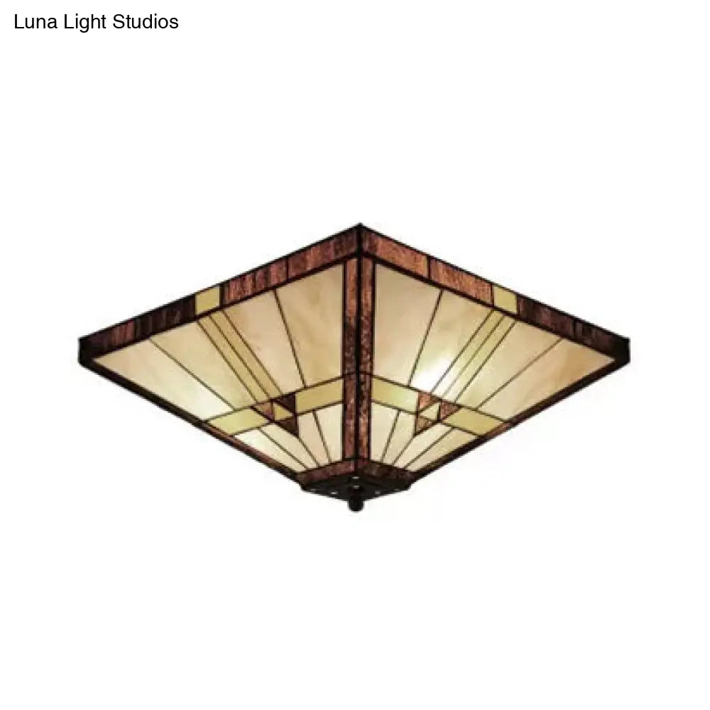 Mission Stained Glass Ceiling Light Fixture - 2 - Lights Small Flush Mount With Pyramid Shade