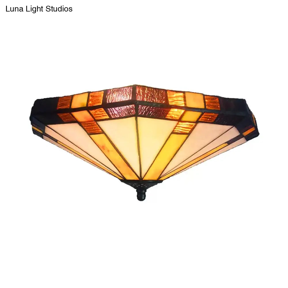 Mission Stained Glass Flush Mount Ceiling Light For Bedroom - 3-Light Fixture