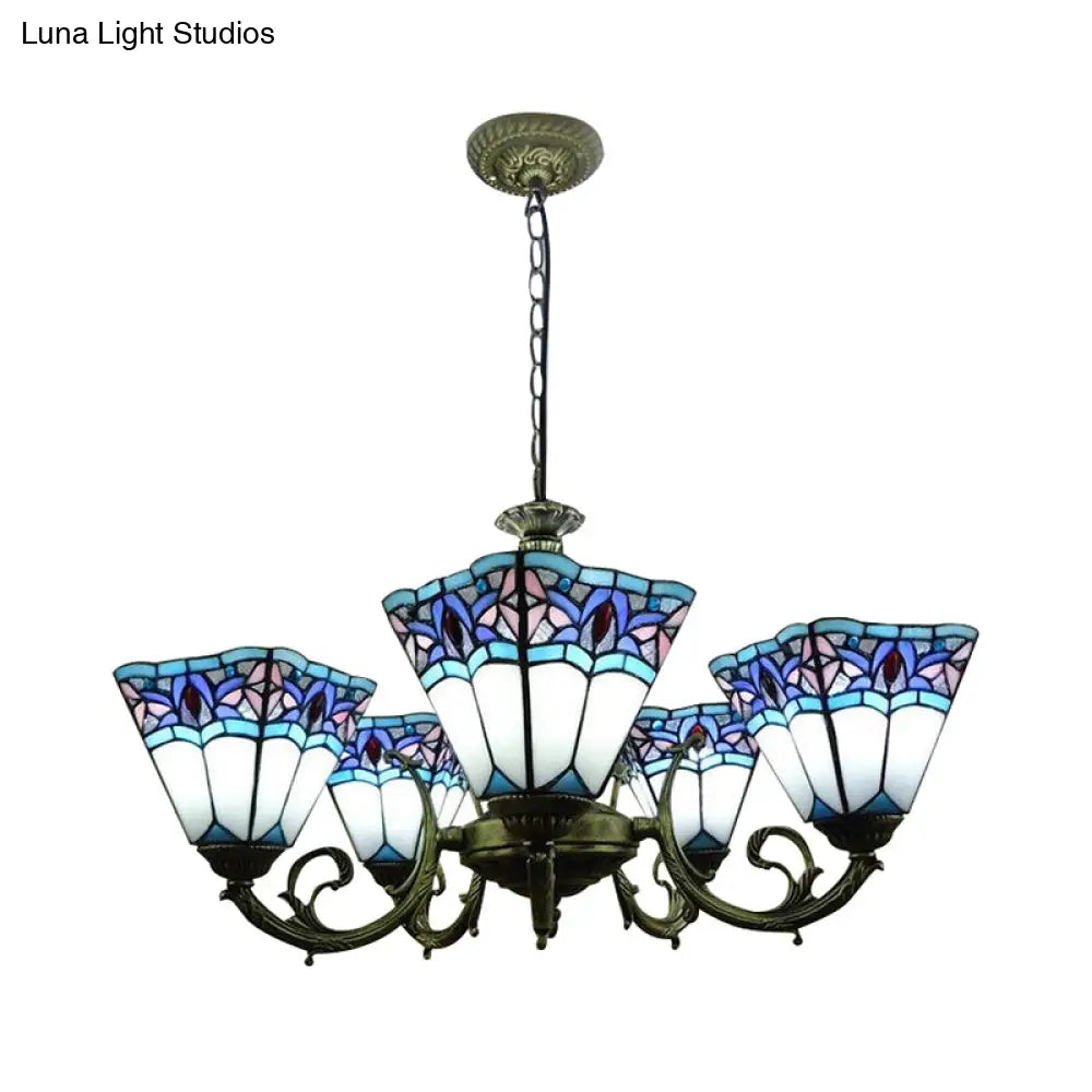 Mission Stained Glass Pendant Light With Tiffany-Inspired Pyramid Design - 5 Lights Chandelier