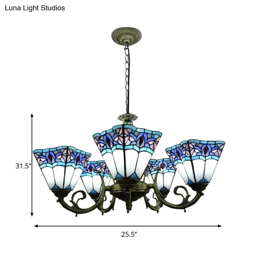 Mission Stained Glass Pendant Light - 5-Lights Pyramid Chandelier With Curved Arm