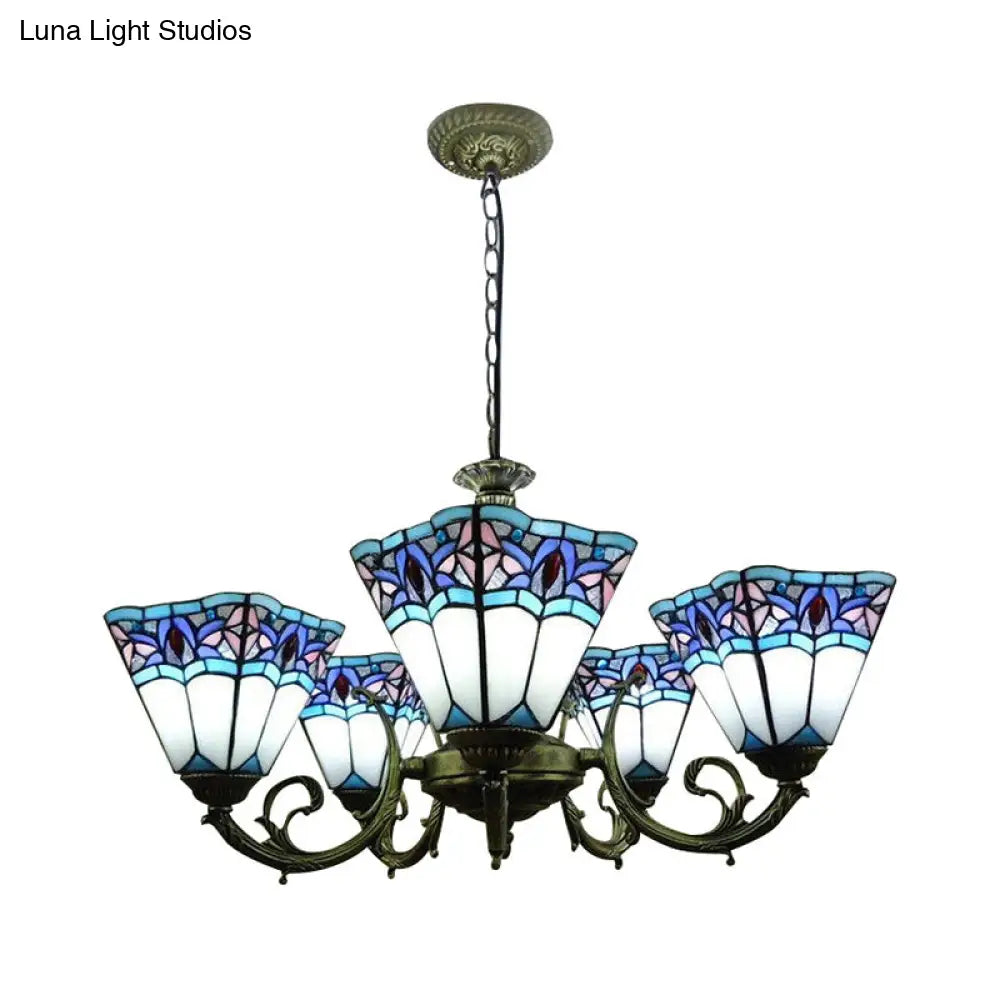 Mission Stained Glass Pendant Light - 5-Lights Pyramid Chandelier With Curved Arm