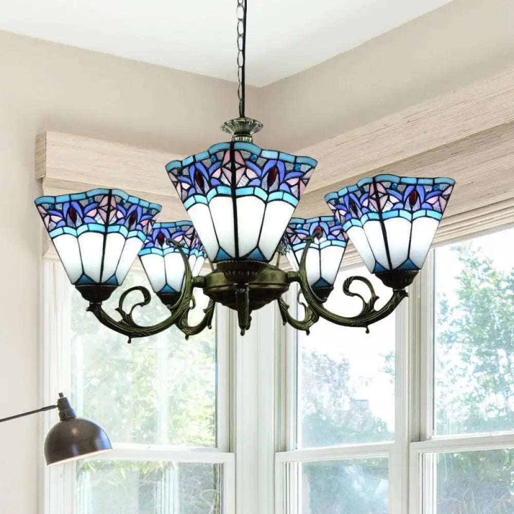 Mission Stained Glass Pendant Light With Tiffany-Inspired Pyramid Design - 5 Lights Chandelier