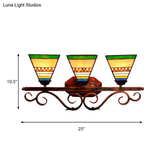 Mission Stained Glass Wall Light Fixture - Bell/Pyramid Shape 3-Head Blue/Green Vanity Lighting