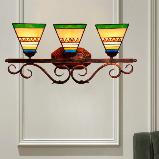 Mission Stained Glass Wall Light Fixture - Bell/Pyramid Shape 3-Head Blue/Green Vanity Lighting