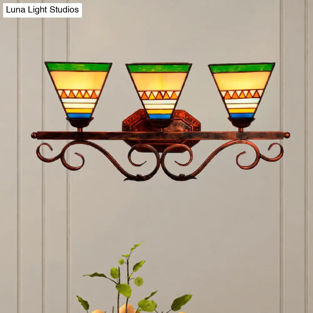 Mission Stained Glass Wall Light Fixture - Bell/Pyramid Shape 3-Head Blue/Green Vanity Lighting