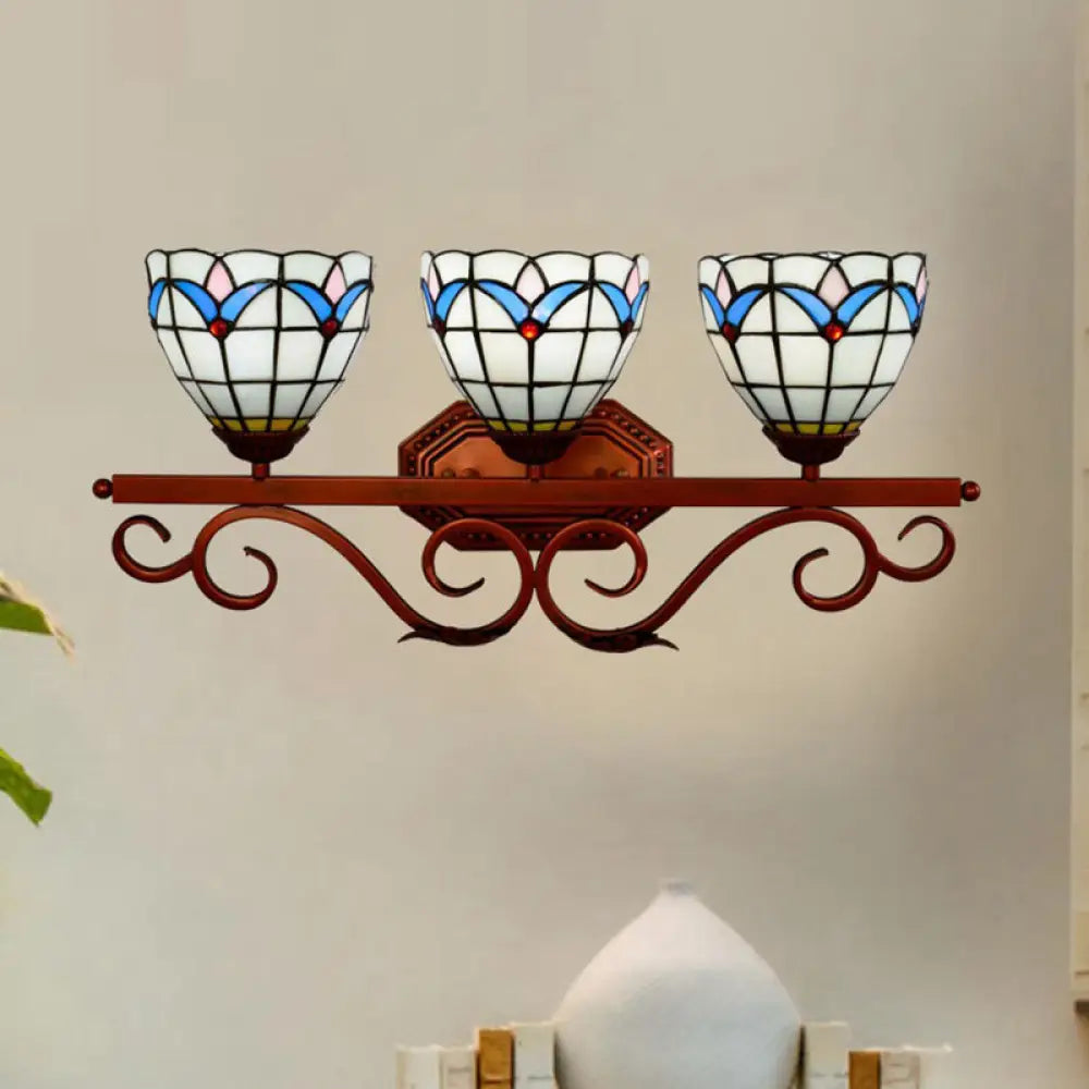 Mission Stained Glass Wall Light Fixture - Bell/Pyramid Shape 3-Head Blue/Green Vanity Lighting Blue