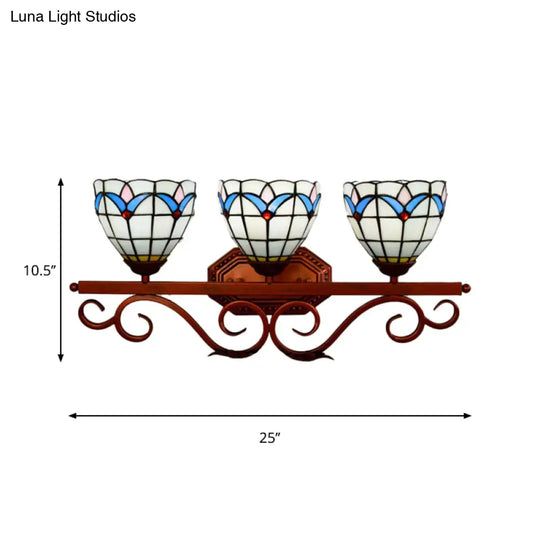 Mission Stained Glass Wall Light Fixture - Bell/Pyramid Shape 3-Head Blue/Green Vanity Lighting