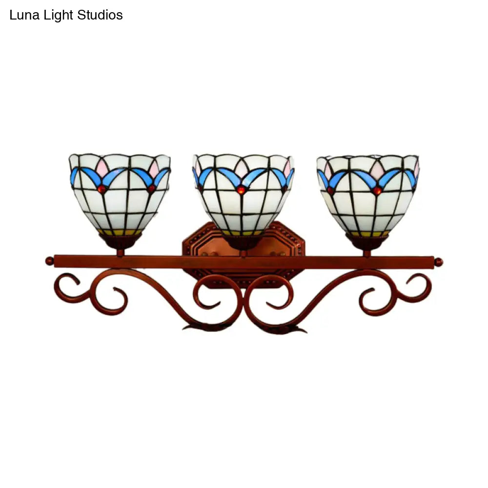 Mission Stained Glass Wall Light Fixture - Bell/Pyramid Shape 3-Head Blue/Green Vanity Lighting