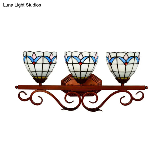 Mission Stained Glass Wall Light Fixture - Bell/Pyramid Shape 3-Head Blue/Green Vanity Lighting