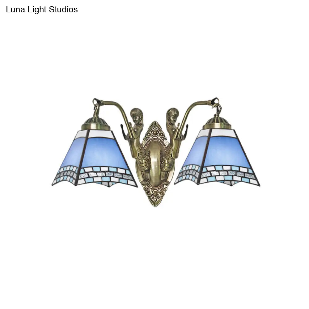 Mission Style 2-Light Blue Wall Mount With Hand Cut Swallowtail Glass And Mermaid Arm For Bedroom