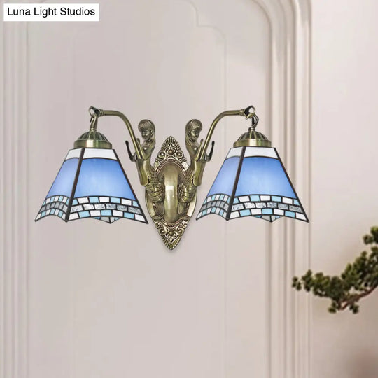 Mission Style 2-Light Blue Wall Mount With Hand Cut Swallowtail Glass And Mermaid Arm For Bedroom