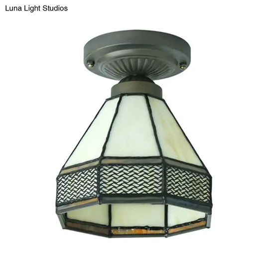 Mission Style Antique Brass Stained Glass Ceiling Light Fixture - Mini Semi Flush 7H X 6.5D