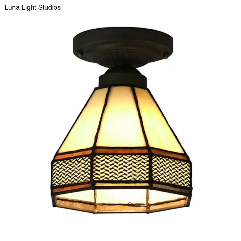 Mission Style Antique Brass Stained Glass Ceiling Light Fixture - Mini Semi Flush 7’H X 6.5’D