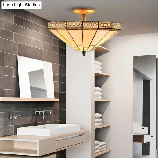 Mission Style Beige Glass Ceiling Light For Bedrooms - 2 Flared Semi Flush Lights 12 H X 16 Diameter