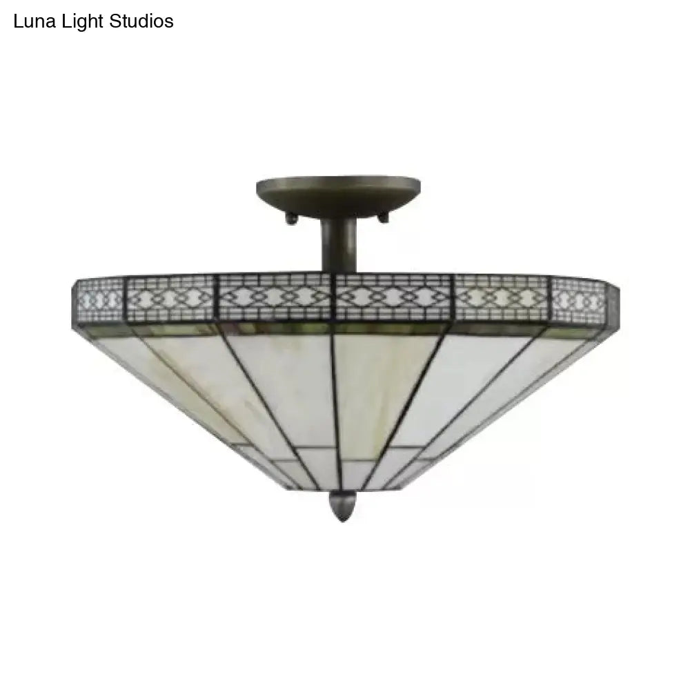 Mission Style Beige Glass Ceiling Light For Bedrooms - 2 Flared Semi Flush Lights 12’ H X 16’