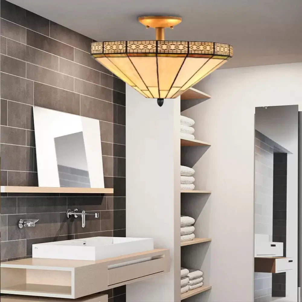 Mission Style Beige Glass Ceiling Light For Bedrooms - 2 Flared Semi Flush Lights 12’ H X 16’