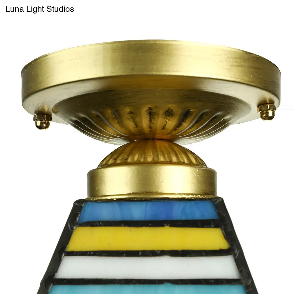 Mission Style Stained Glass Flush Ceiling Light In Brushed Brass Trapezoid Mini