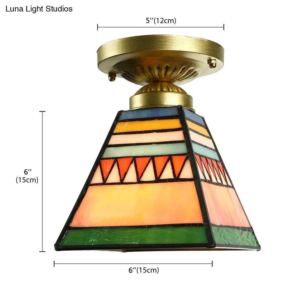 Mission Style Stained Glass Flush Ceiling Light In Brushed Brass – Trapezoid Mini