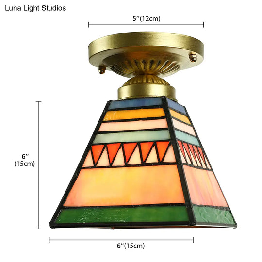 Mission Style Stained Glass Flush Ceiling Light In Brushed Brass – Trapezoid Mini