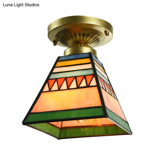 Mission Style Stained Glass Flush Ceiling Light In Brushed Brass Trapezoid Mini