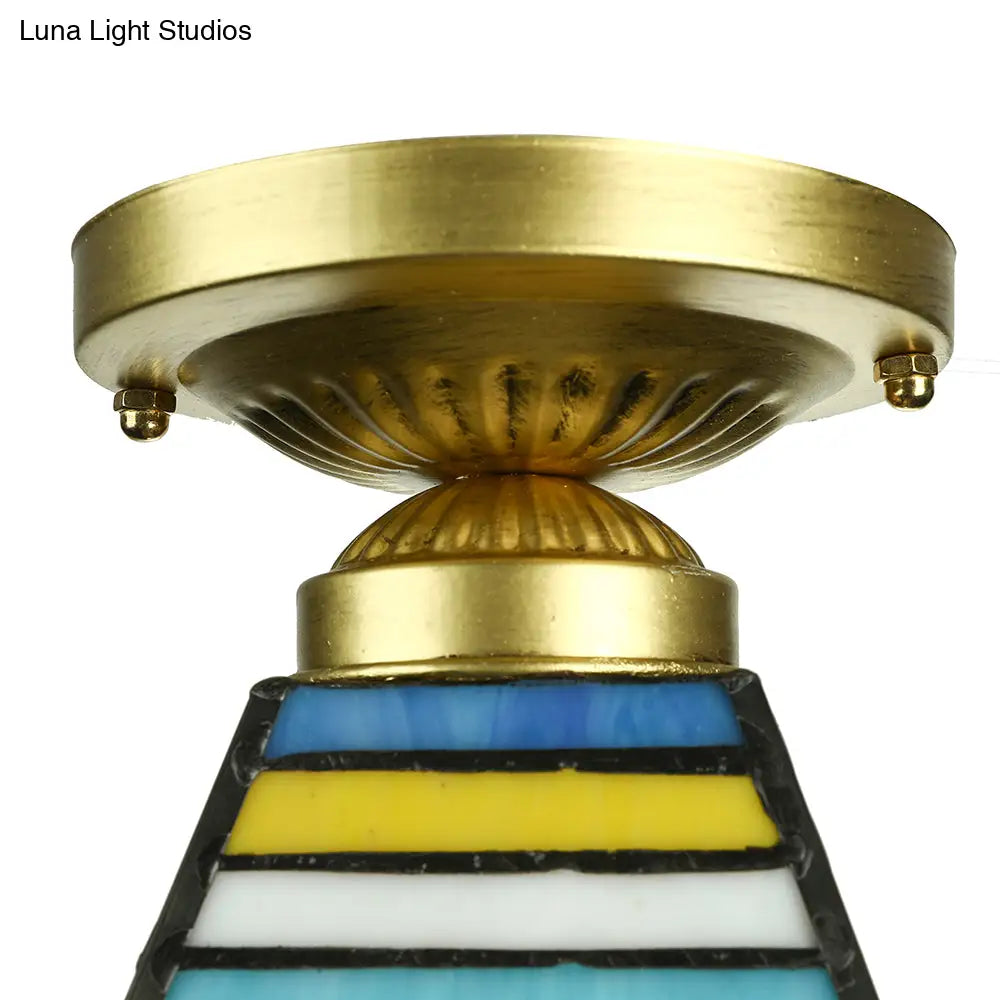 Mission Style Stained Glass Flush Ceiling Light In Brushed Brass – Trapezoid Mini