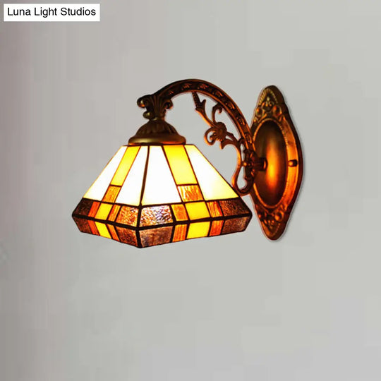 Mission Style Stained Glass Mini Wall Sconce Light In Antique Brass - Tapered Lighting