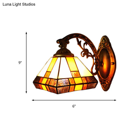 Mission Style Stained Glass Mini Wall Sconce Light In Antique Brass - Tapered Lighting