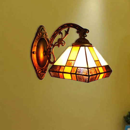 Mission Style Stained Glass Mini Wall Sconce Light In Antique Brass - Tapered Lighting