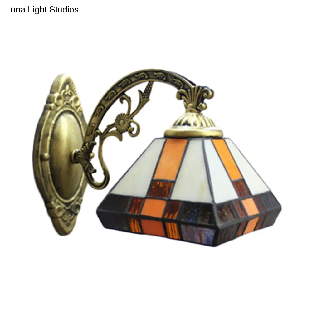 Mission Style Stained Glass Mini Wall Sconce Light In Antique Brass - Tapered Lighting