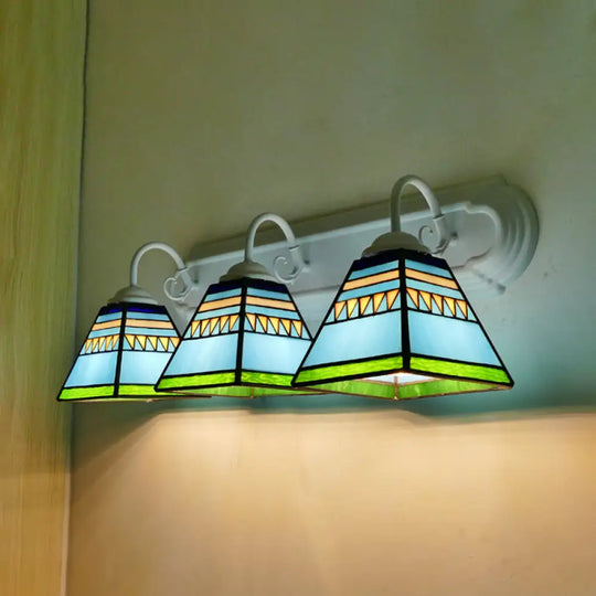 Mission Style Stained Glass Pyramid Wall Mount Light With 3 Lights - Pink/Orange/Blue Blue