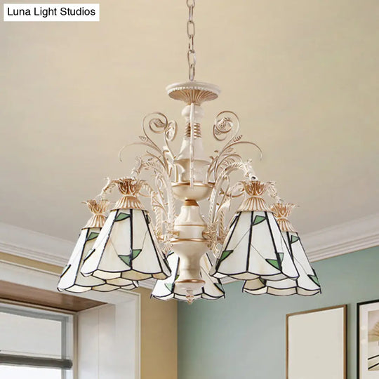 Mission White Stained Glass Leaf Pattern Pendant Chandelier - 3/5-Light Conic Design