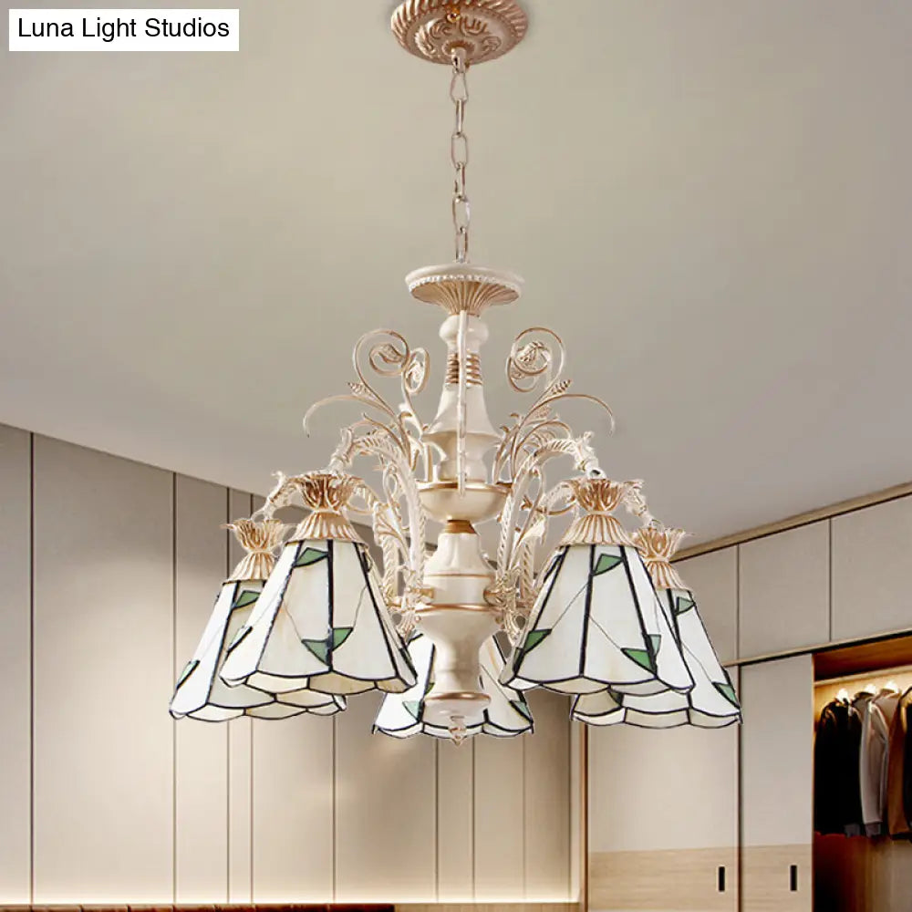 Mission White Stained Glass Leaf Pattern Pendant Chandelier - 3/5-Light Conic Design